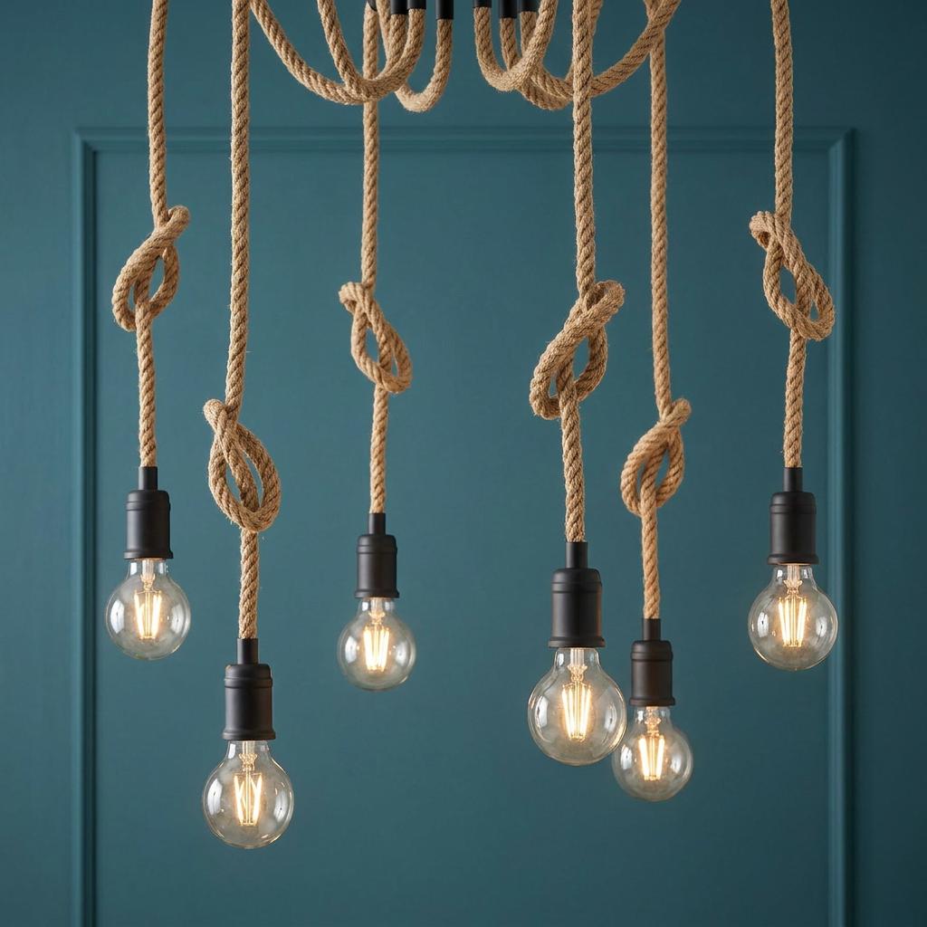 Six-light ceiling pendant with knotted hemp ropes and exposed filament bulbs against a teal paneled wall.
