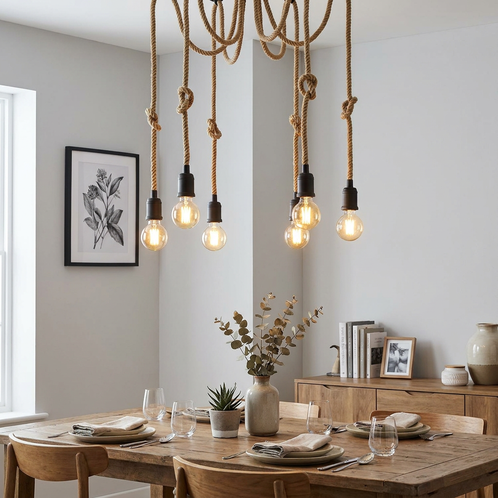 Six-light hemp rope pendant chandelier with exposed bulbs over a set wooden dining table in a rustic interior.