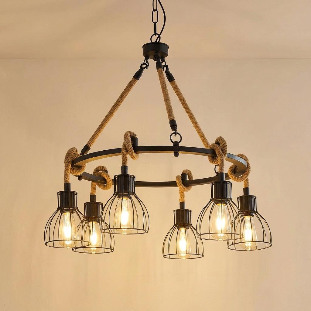 Eglo Rampside rope chandelier with six black wire cage shades and hemp rope accents hanging from a circular frame.