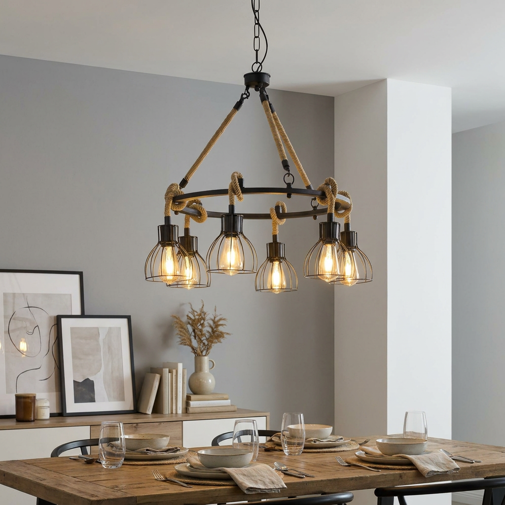 Rustic 6-light chandelier with hemp rope and black wire cage shades hanging over a set wooden dining table.