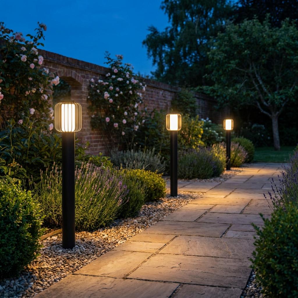 Three black bollard lights with wire shades illuminating a stone garden path at dusk.