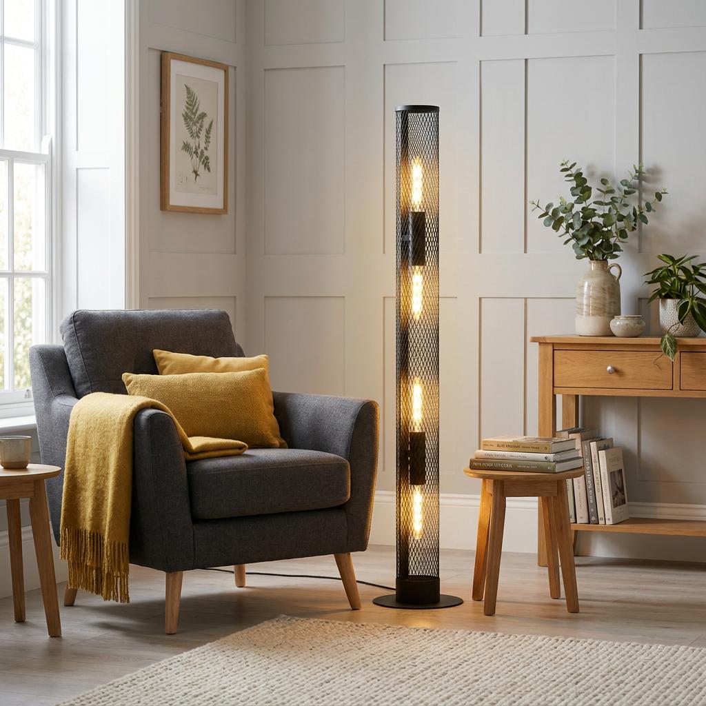 Industrial black metal mesh cylinder floor lamp with lit filament bulbs in a cozy living room setting.