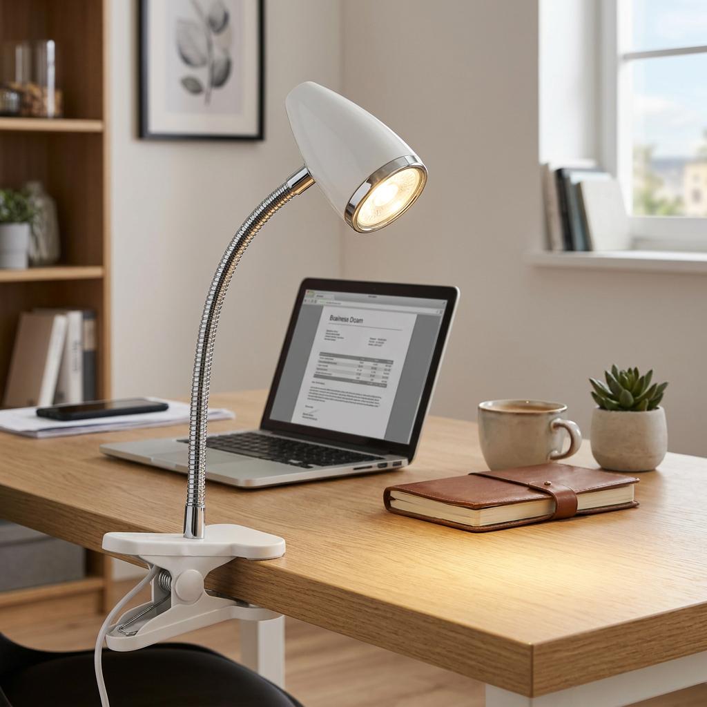 White and chrome adjustable clamp task lamp illuminating a laptop and notebook on a wooden desk in a home office.