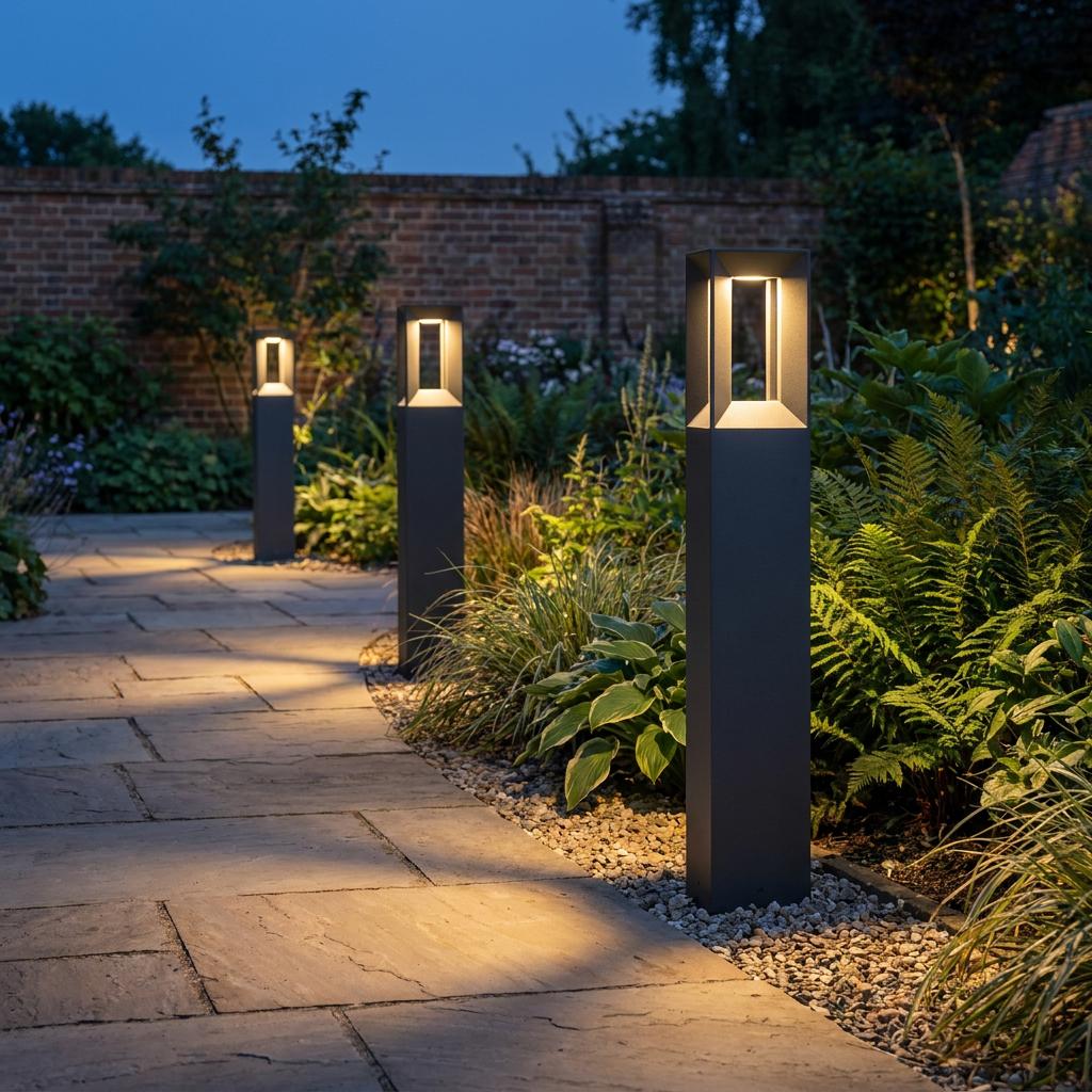 Three modern black bollard lights with warm LEDs illuminate a stone garden path at dusk.