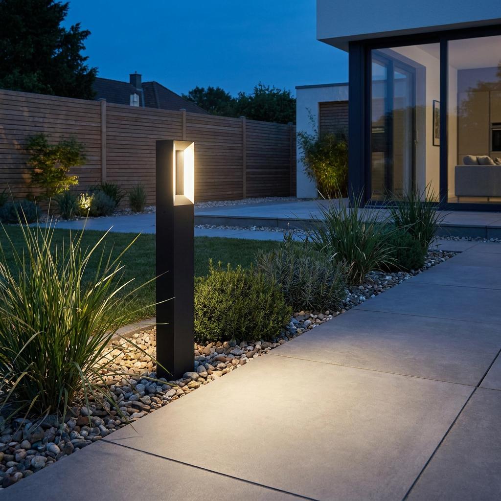 Modern black LED bollard light illuminating a garden path with stone tiles and plants at night.