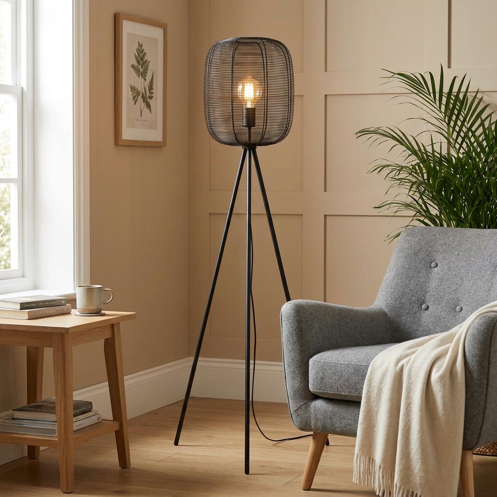 Industrial black tripod floor lamp with a wire cage shade, set next to a grey armchair in a cozy living room corner.