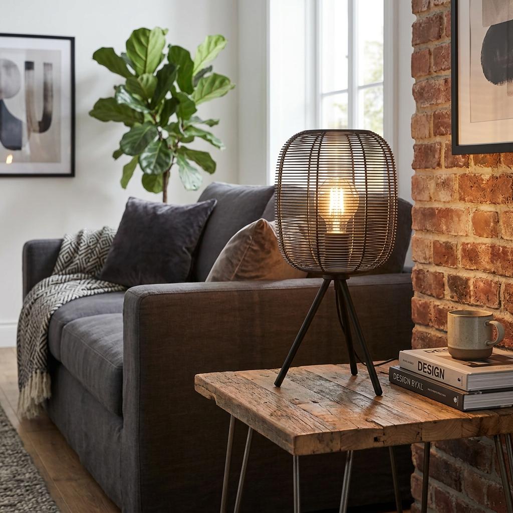 Eglo Rinroe black wire caged tripod table lamp lit on a wooden side table in a contemporary living room.