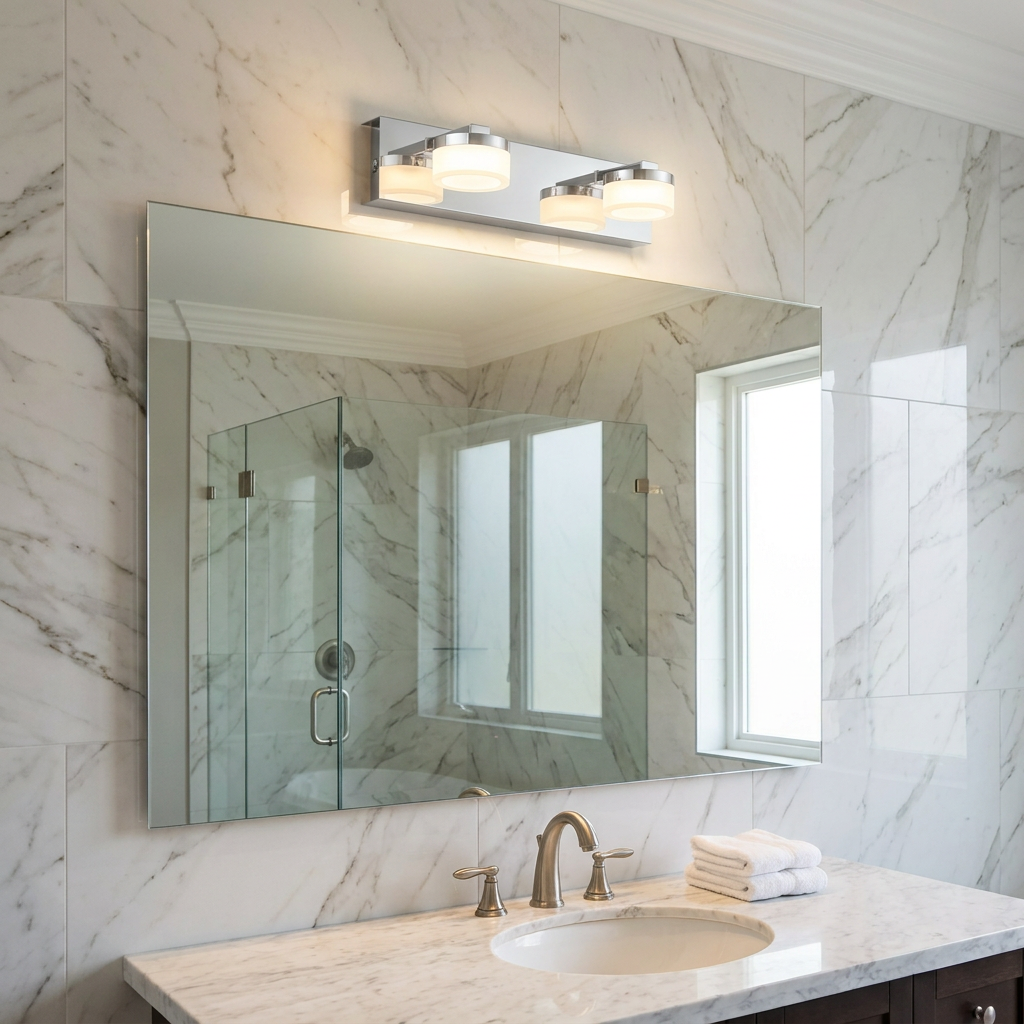 Chrome four-light LED wall fixture mounted above a bathroom mirror on a white marble wall.