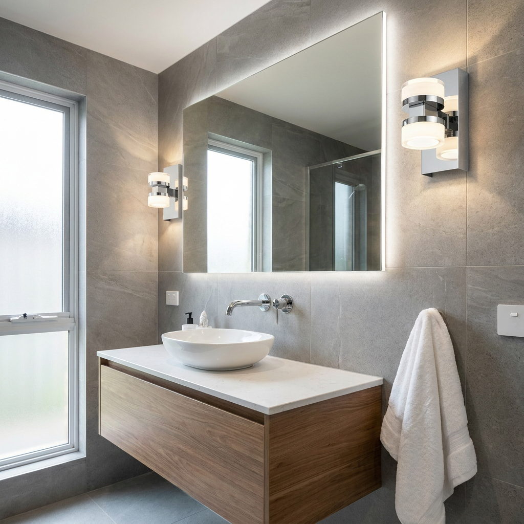 Modern chrome LED wall lights flanking a backlit bathroom mirror above a wooden vanity with a white vessel sink.