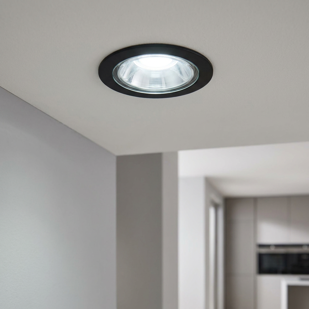 Black circular recessed LED light emitting a cool white glow from a white ceiling.