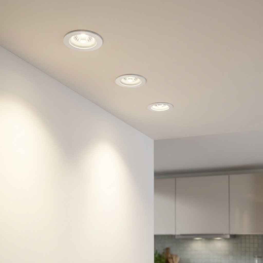 Three white recessed downlights emitting warm light from a ceiling onto a white wall.