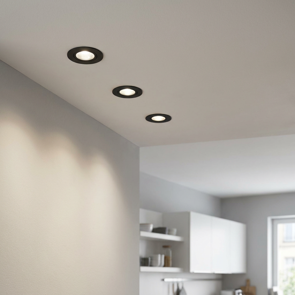 Three black recessed downlights on a white ceiling casting warm light in a modern kitchen.