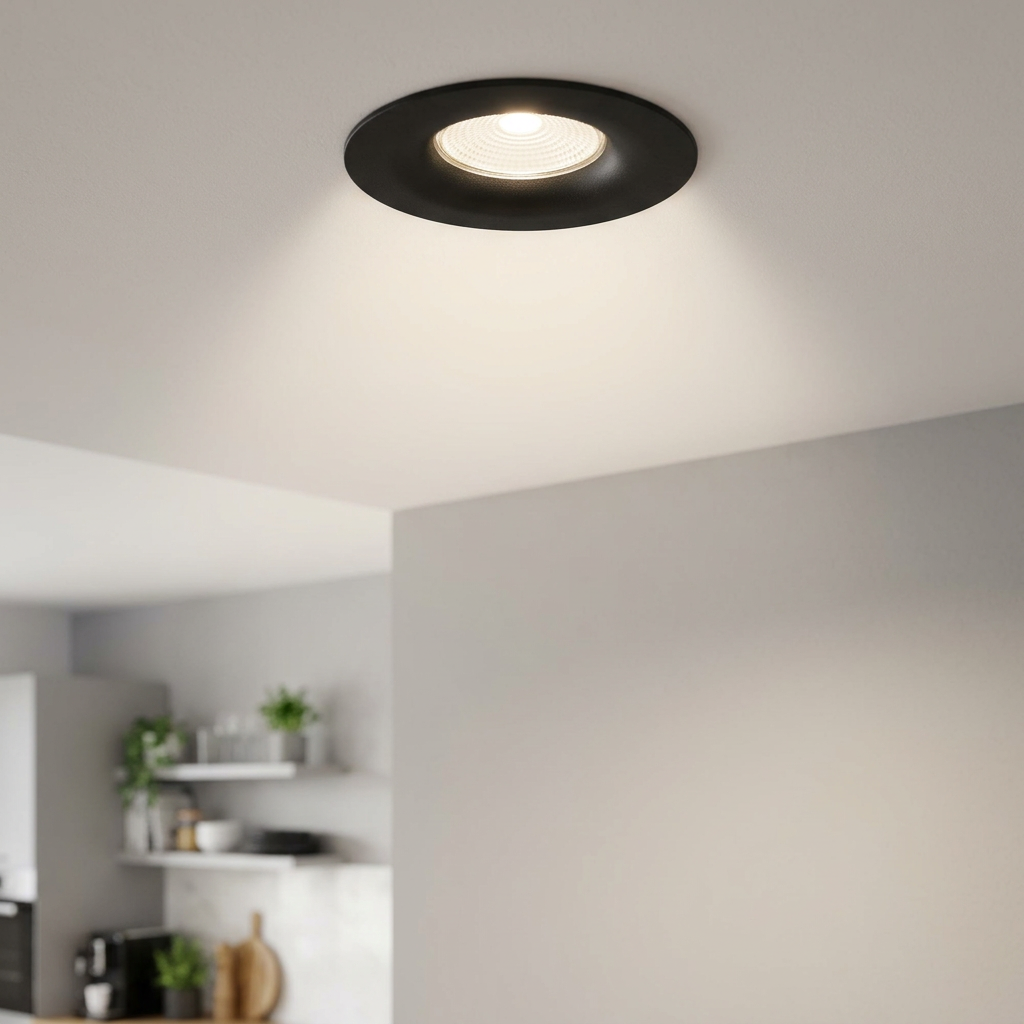 A black round recessed downlight installed in a white ceiling, casting a warm glow onto a neutral wall.