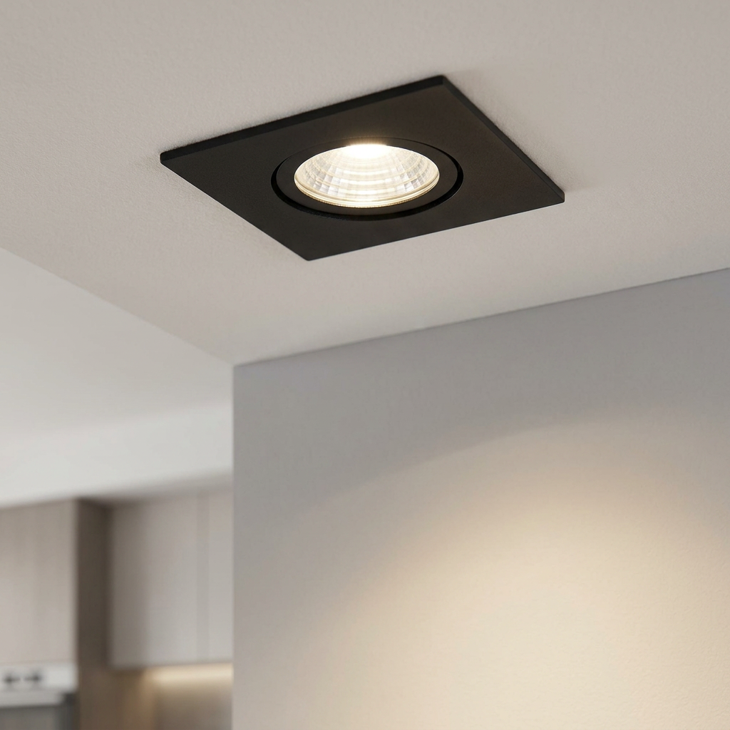 Black square recessed downlight mounted in a white ceiling with a warm glowing light.