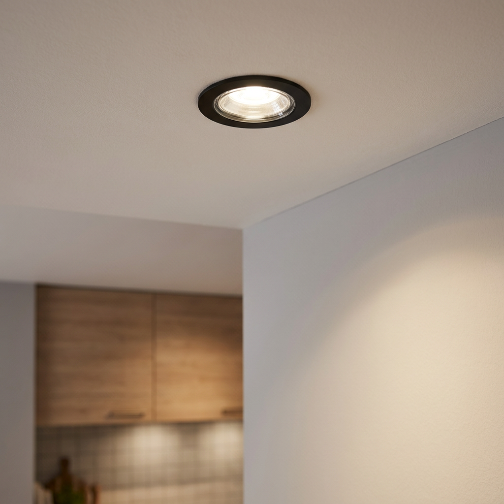 Round black recessed LED downlight illuminated on a white ceiling above a modern kitchen setting.