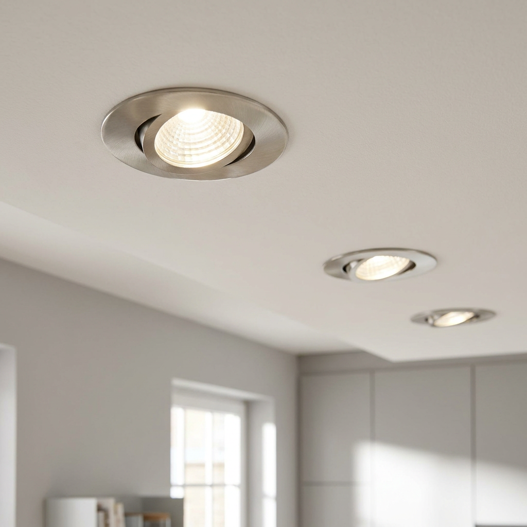 Three Eglo Saliceto nickel recessed downlights installed in a white ceiling providing warm interior lighting.