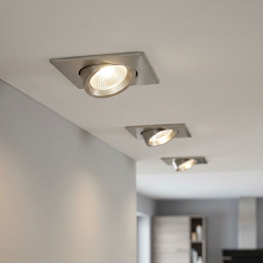 Three square brushed nickel recessed downlights glowing on a white ceiling in a modern home.