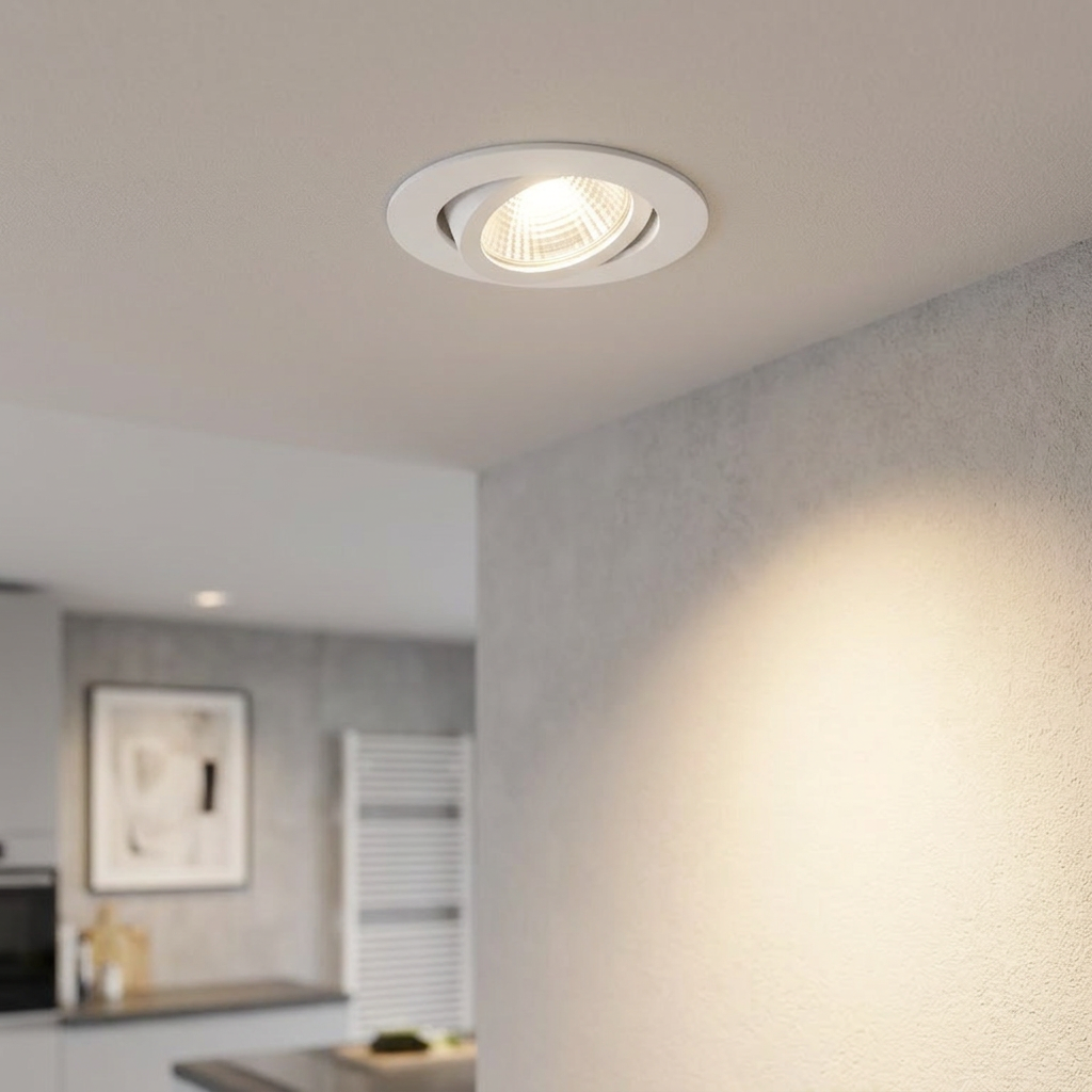 White adjustable round recessed LED downlight illuminating a textured wall in a modern interior.