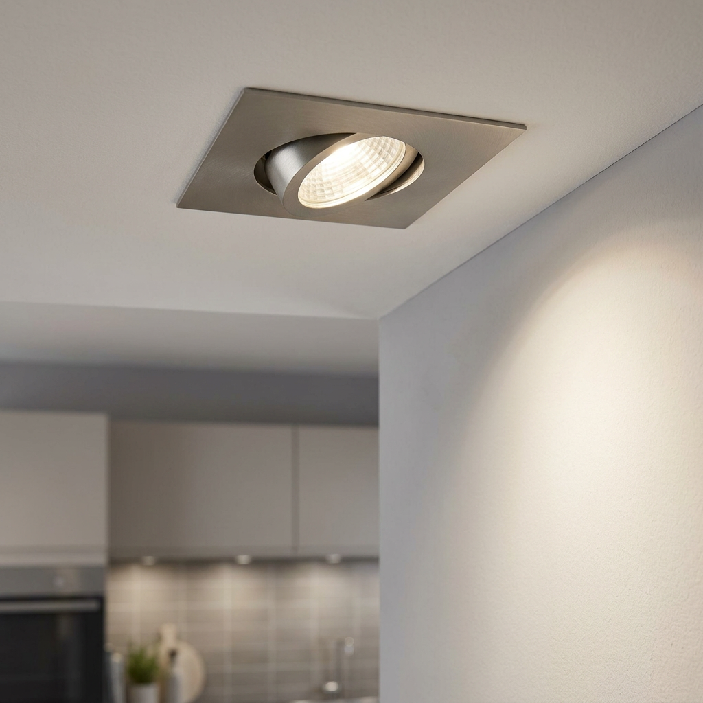 Square brushed nickel recessed spotlight tilted to shine warm light onto a white wall.