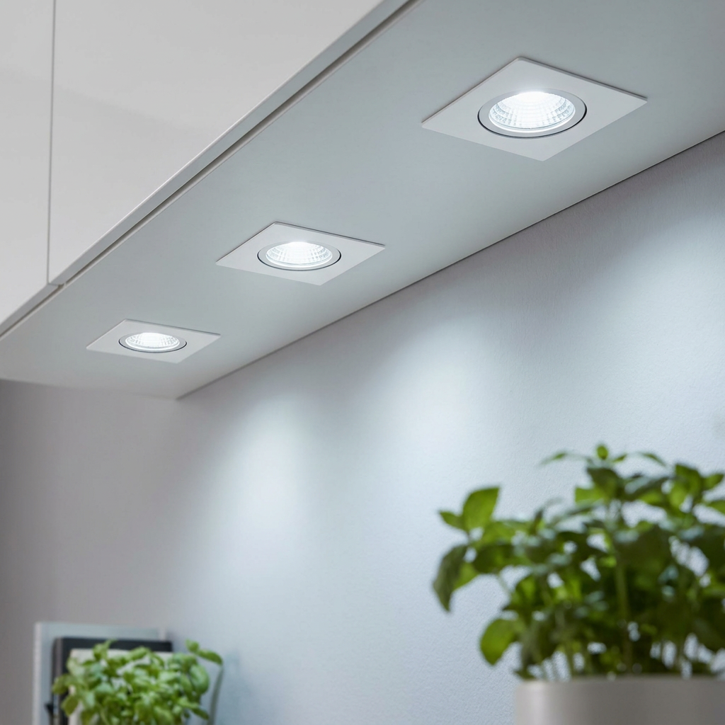 Three white square recessed LED downlights installed under a cabinet, casting a cool white glow over indoor plants.