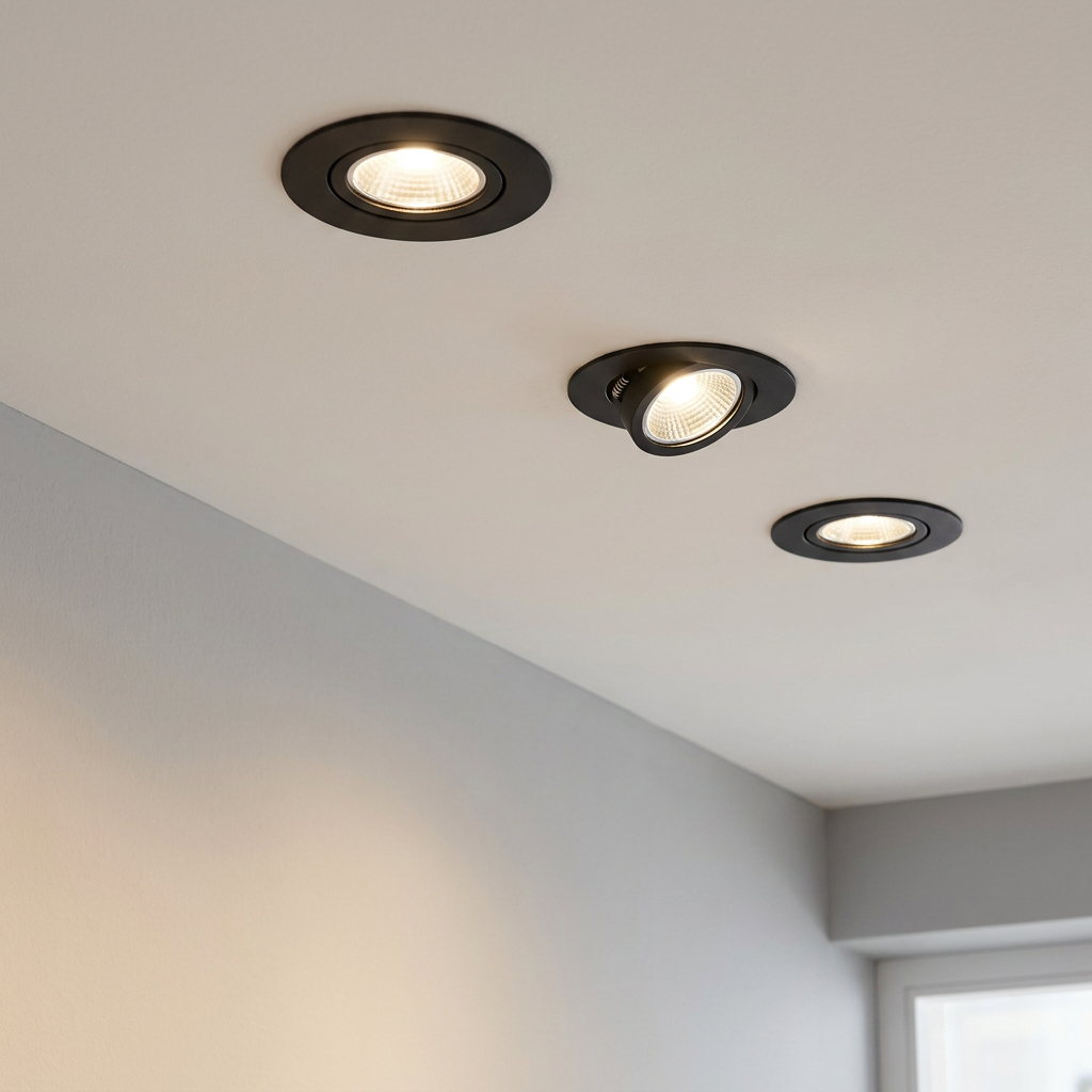 Three black adjustable recessed spotlights emitting warm light from a white ceiling.