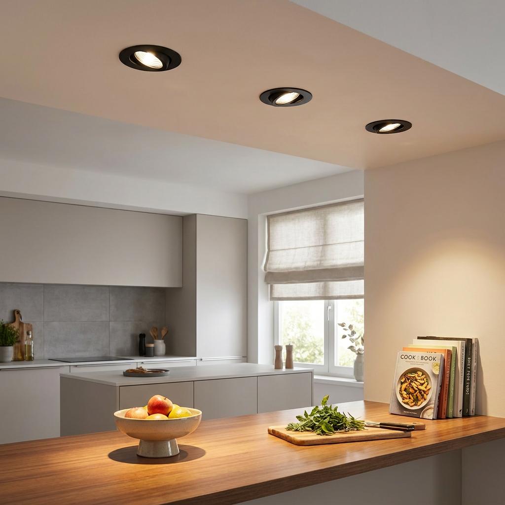 Three black Eglo Saliceto LED recessed spotlights illuminated on a kitchen ceiling over a wooden island.