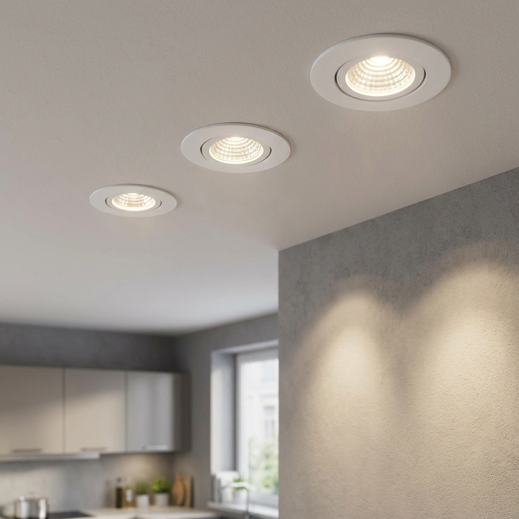 Three white LED recessed spotlights on a ceiling illuminating a modern room with a grey textured wall.
