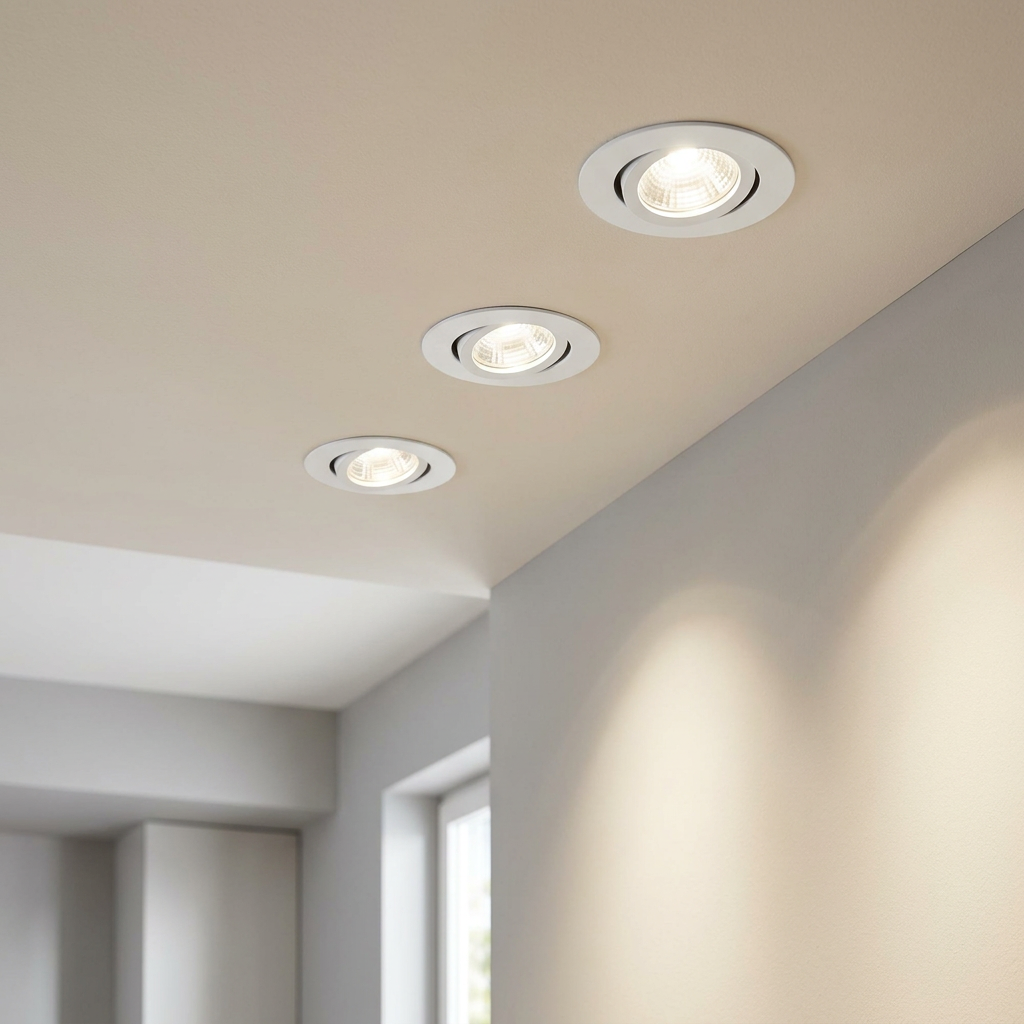 Set of three white metal recessed downlights illuminating a wall from a modern interior ceiling.