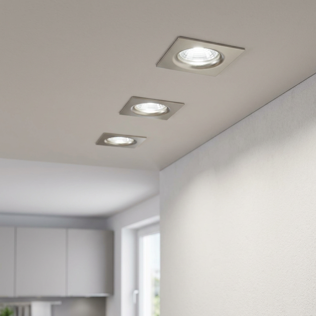 Three square nickel LED recessed downlights installed in a row on a white ceiling, emitting a cool white glow.