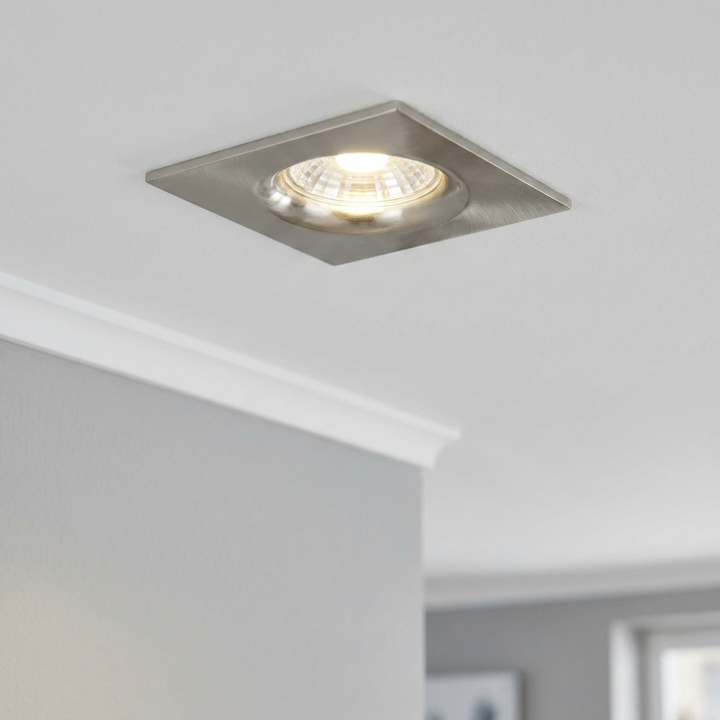 Brushed nickel square recessed downlight installed in a white ceiling with a warm light glow.