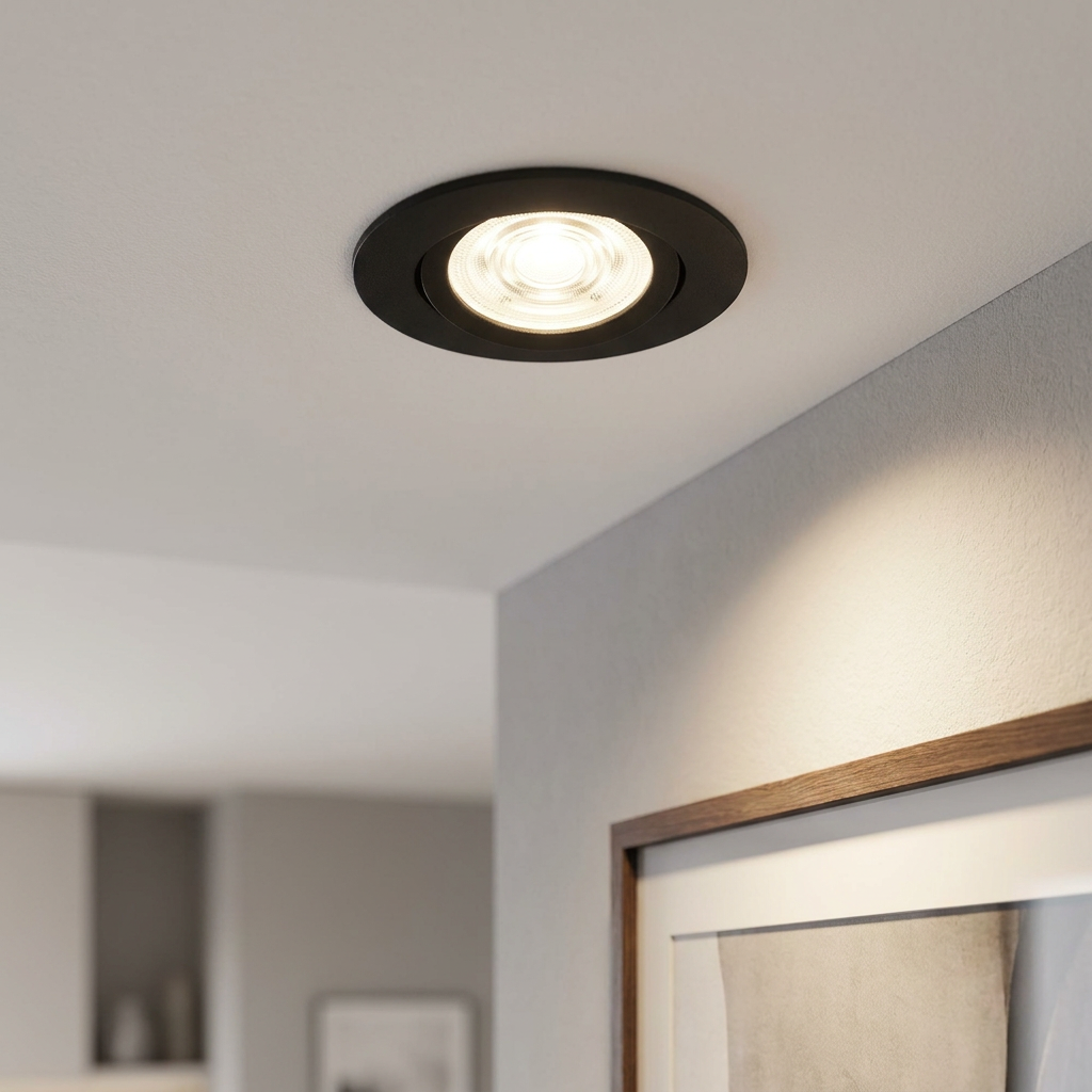 A black recessed LED spotlight glowing on a white ceiling, casting light onto a wall with a framed picture.