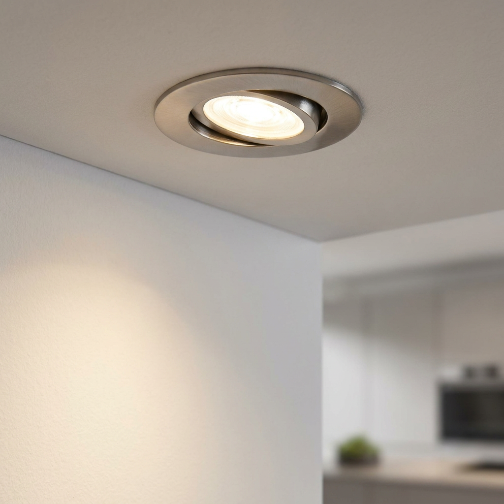 Eglo Saliceto-Z nickel recessed smart light with adjustable warm LED glow installed in a white ceiling.