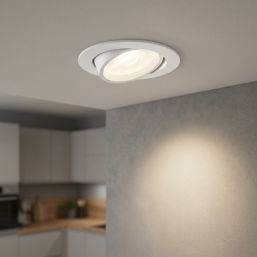 White directional recessed LED light on a kitchen ceiling casting a warm glow onto a grey wall.
