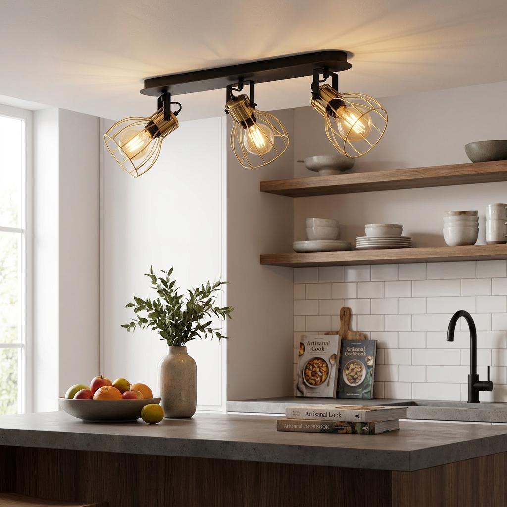 Industrial 3-light ceiling spotlight with brass wire shades and Edison bulbs in a modern kitchen setting.