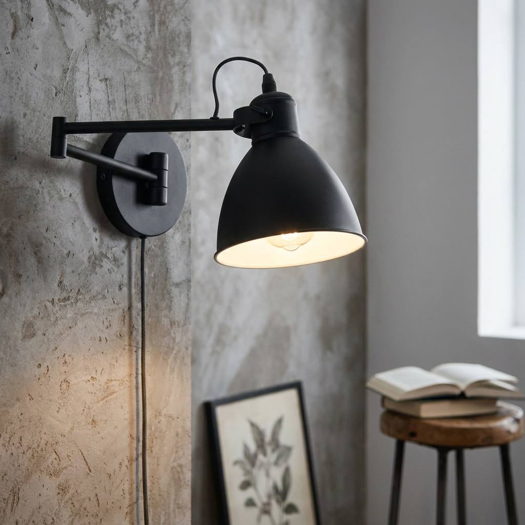 Black swing arm wall light with a dome shade mounted on a textured wall in a minimalist room setting.