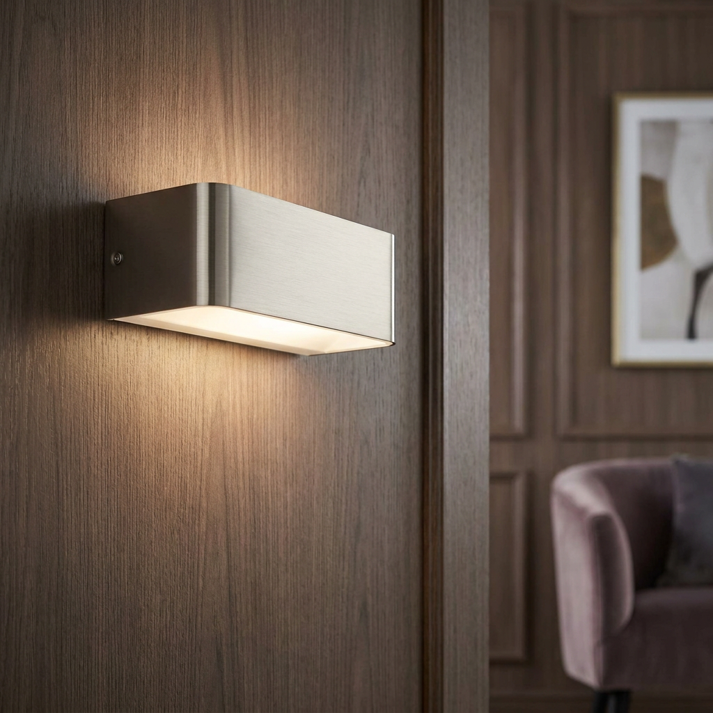 Rectangular chrome LED wall light emitting warm up-and-down light on a dark wood-paneled wall.