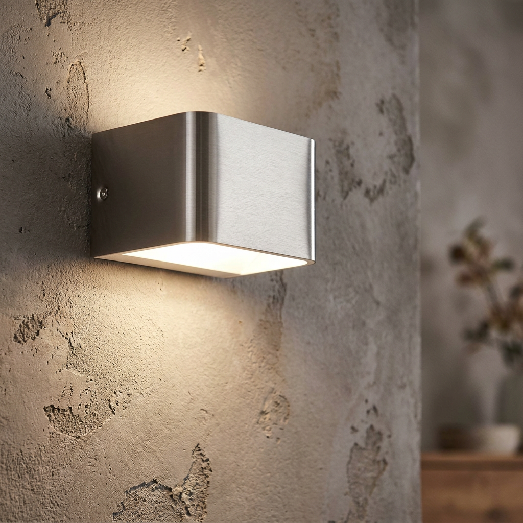 Modern brushed metal cube wall light emitting a soft glow on a textured plaster wall.