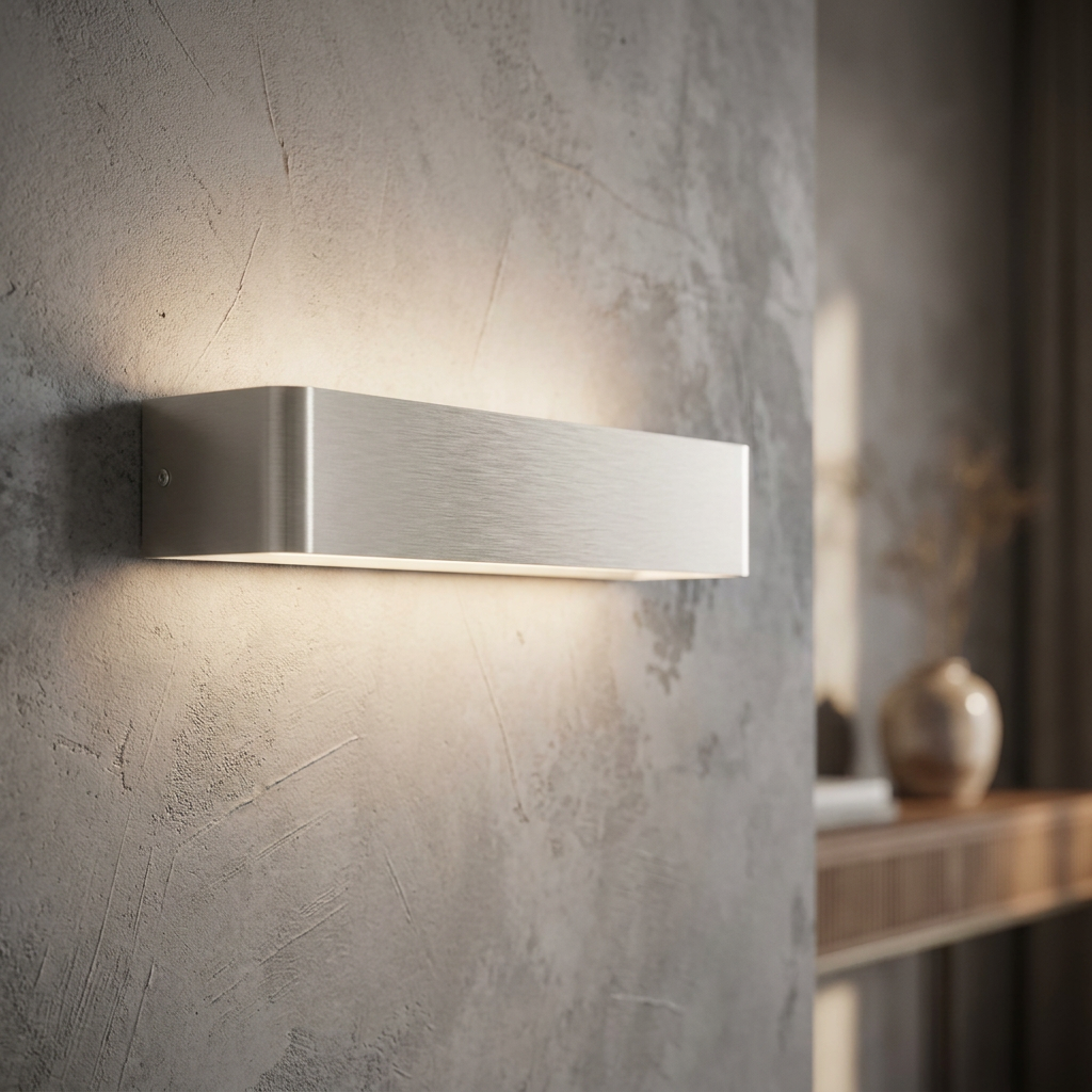 Rectangular brushed chrome LED wall light emitting upward and downward glow on a textured grey wall.