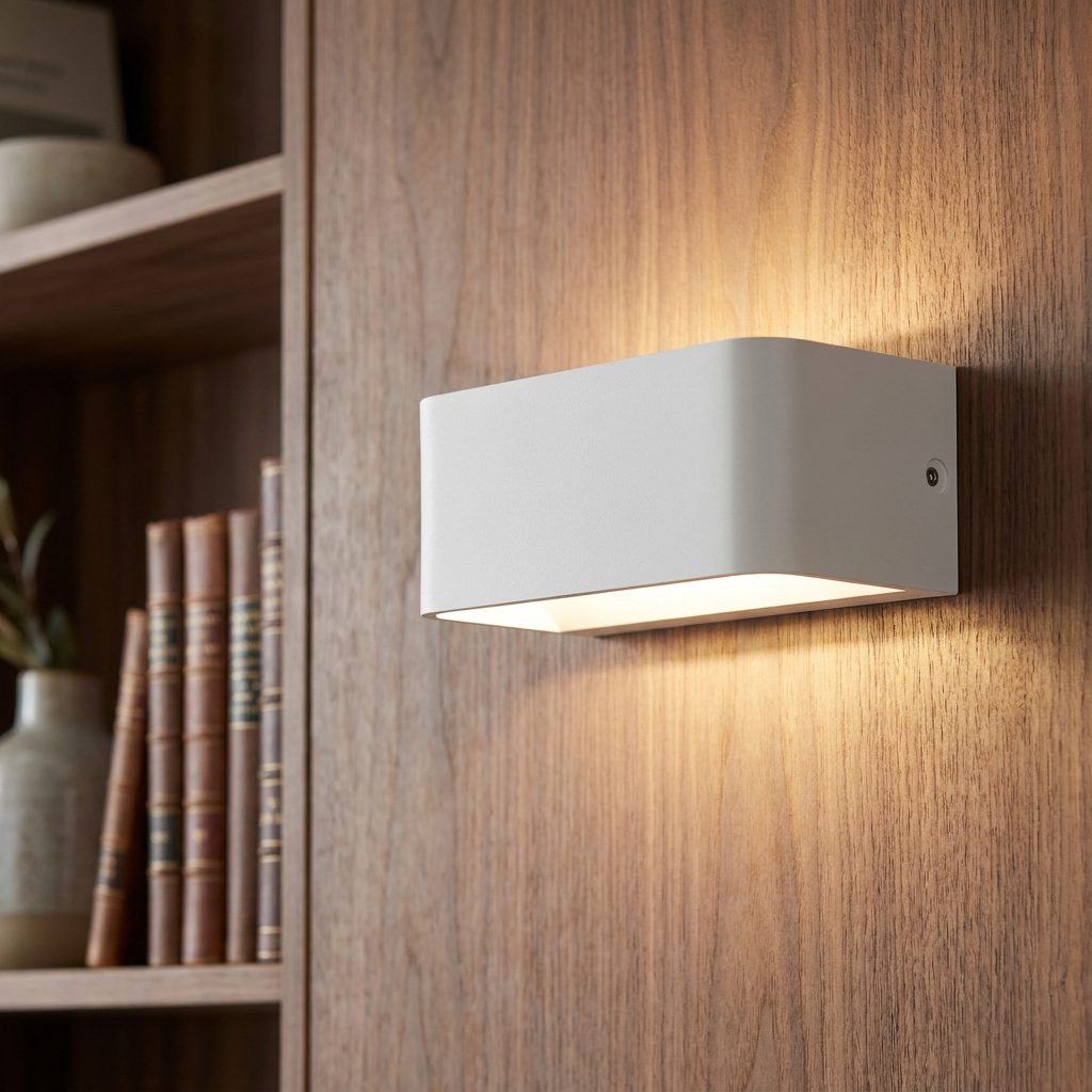 Modern white wall light with rounded edges casting warm up-and-down light on a wooden surface.