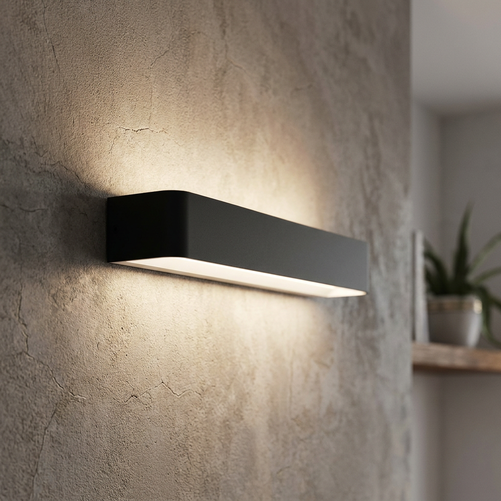 Black rectangular LED wall light emitting warm up-and-down light on a textured grey wall.