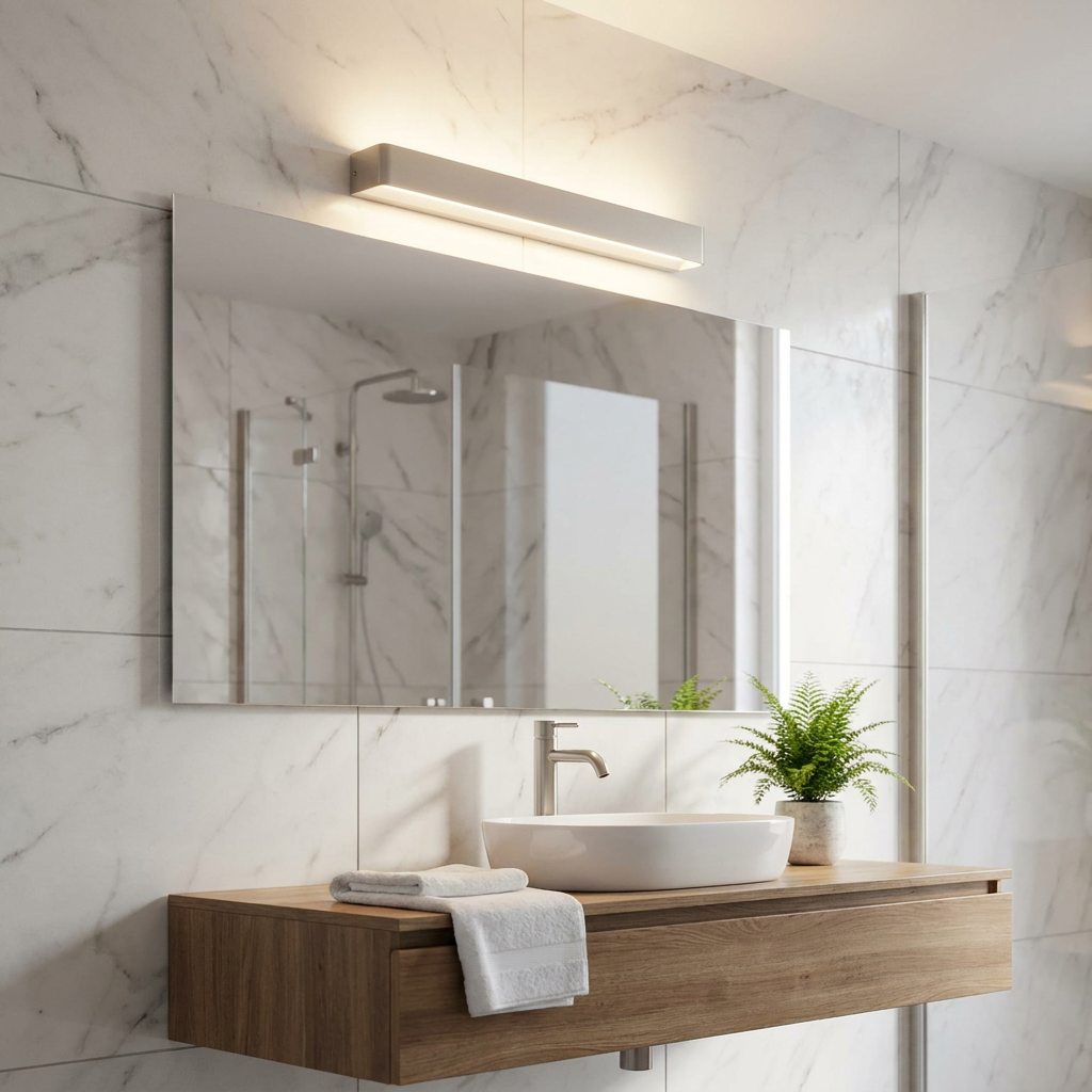 Eglo Sania 5 Nickel LED wall light mounted above a bathroom mirror on a marble wall.