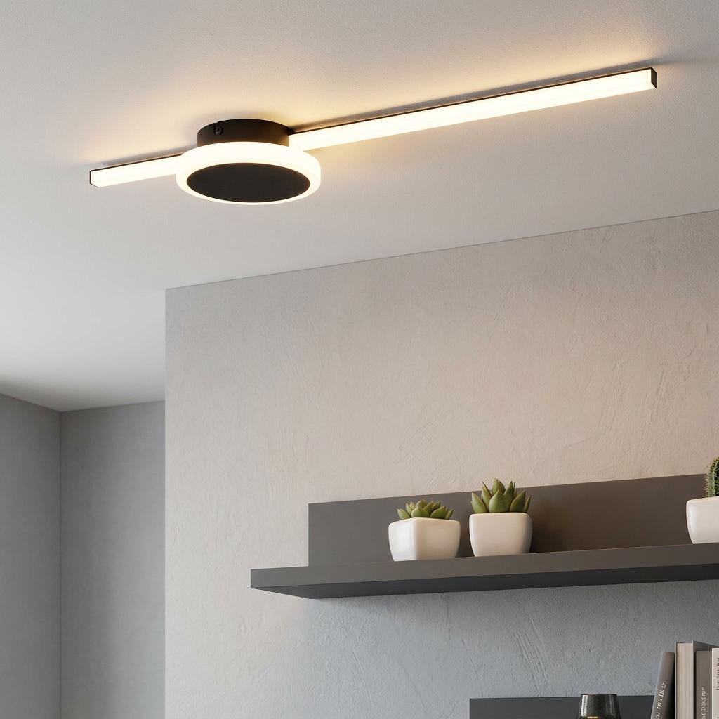 Eglo Sarginto LED black flush ceiling light with minimalist linear and circular glowing elements.