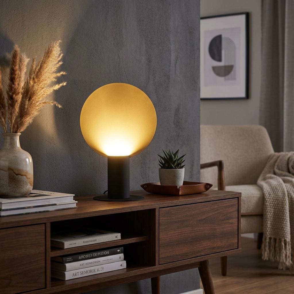 Modern black and gold disc table lamp glowing on a wooden sideboard in a contemporary living room.
