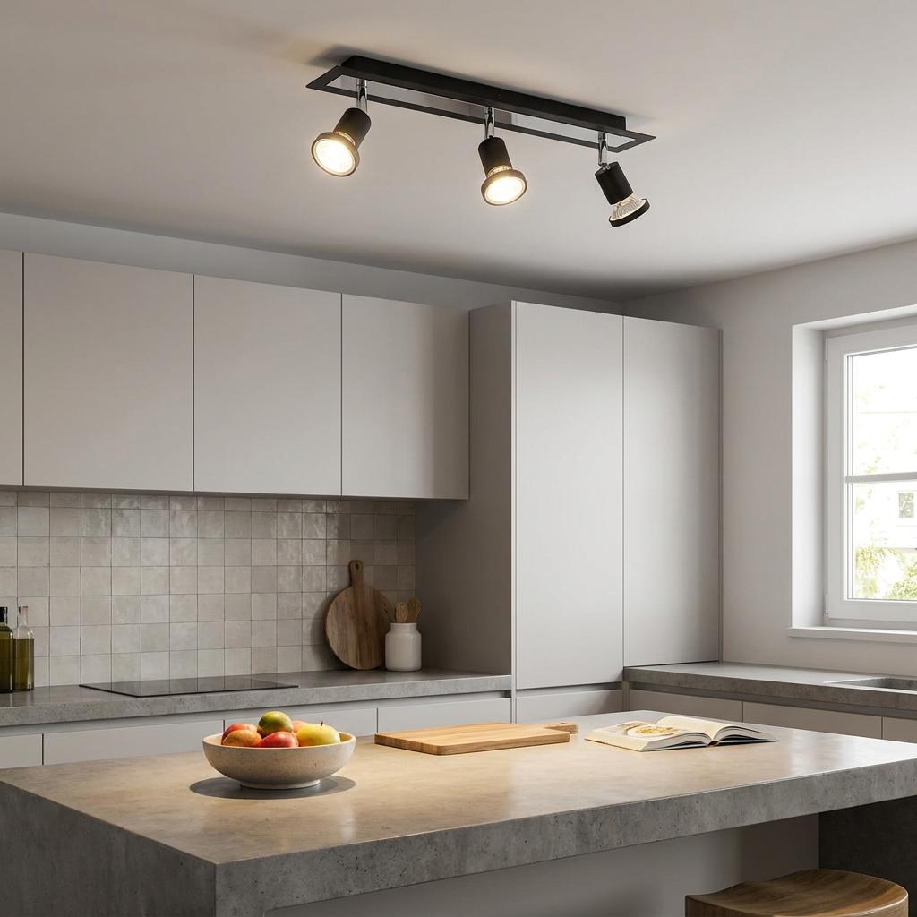 Eglo Sarria black and chrome 3-light bar spotlight on a modern kitchen ceiling, illuminating an island.