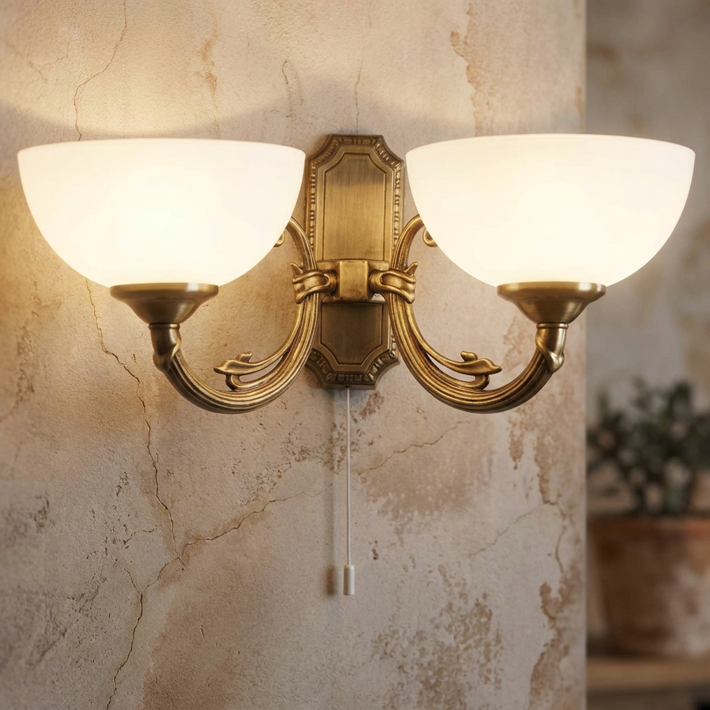 Eglo Savoy bronze double wall light with two white satin glass shades on a rustic textured wall with a pull cord.