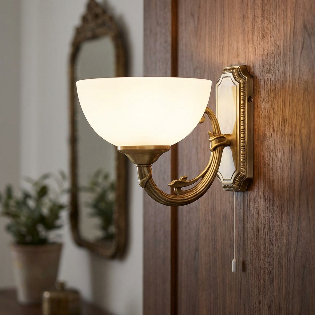 Eglo Savoy bronze wall light with a white satinized glass shade mounted on a wooden wall panel.