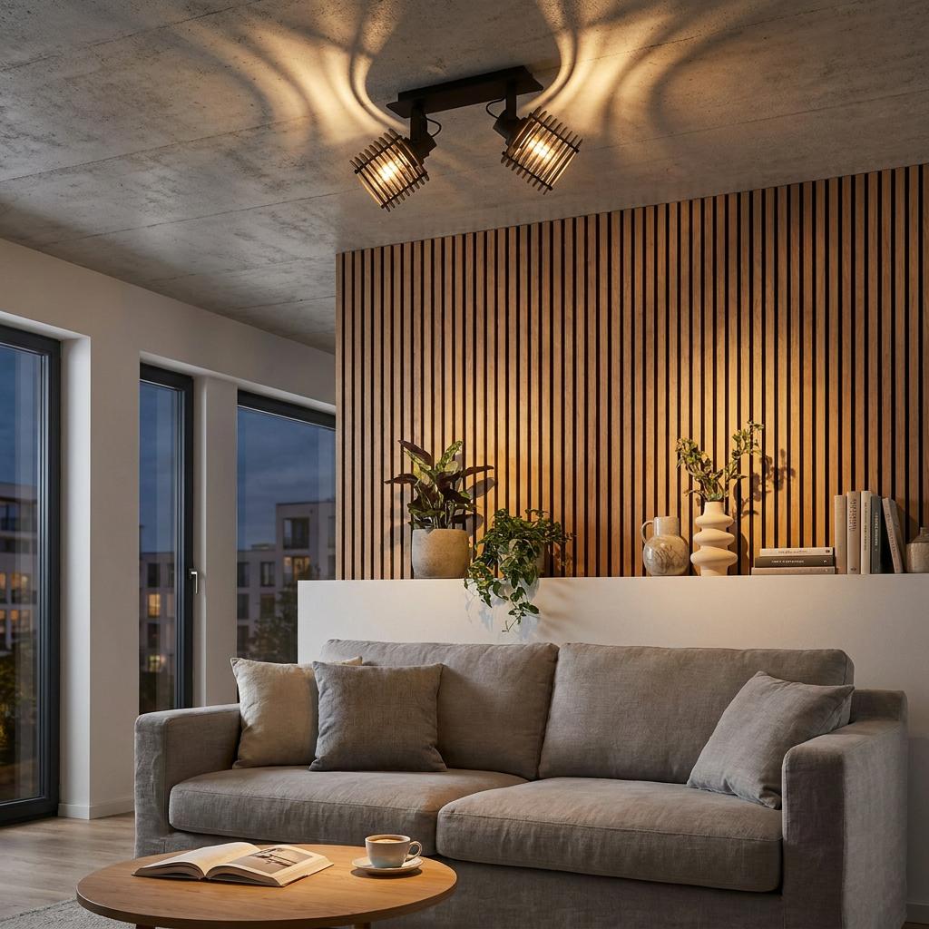 Two-light black and wood bar spotlight casting circular patterns on a ceiling above a grey sofa and wood-slat wall.