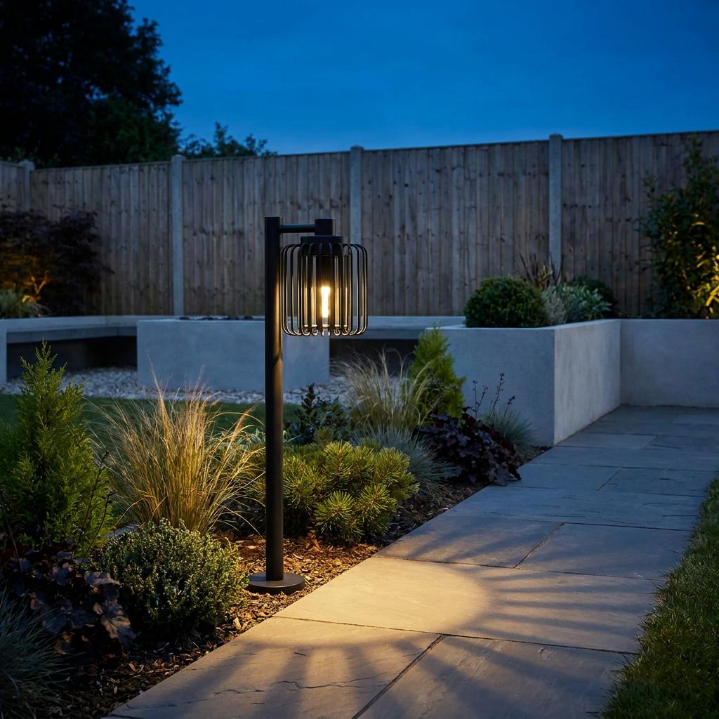 Eglo Selinus black metal bollard light with a cage shade illuminates a stone garden pathway at dusk.