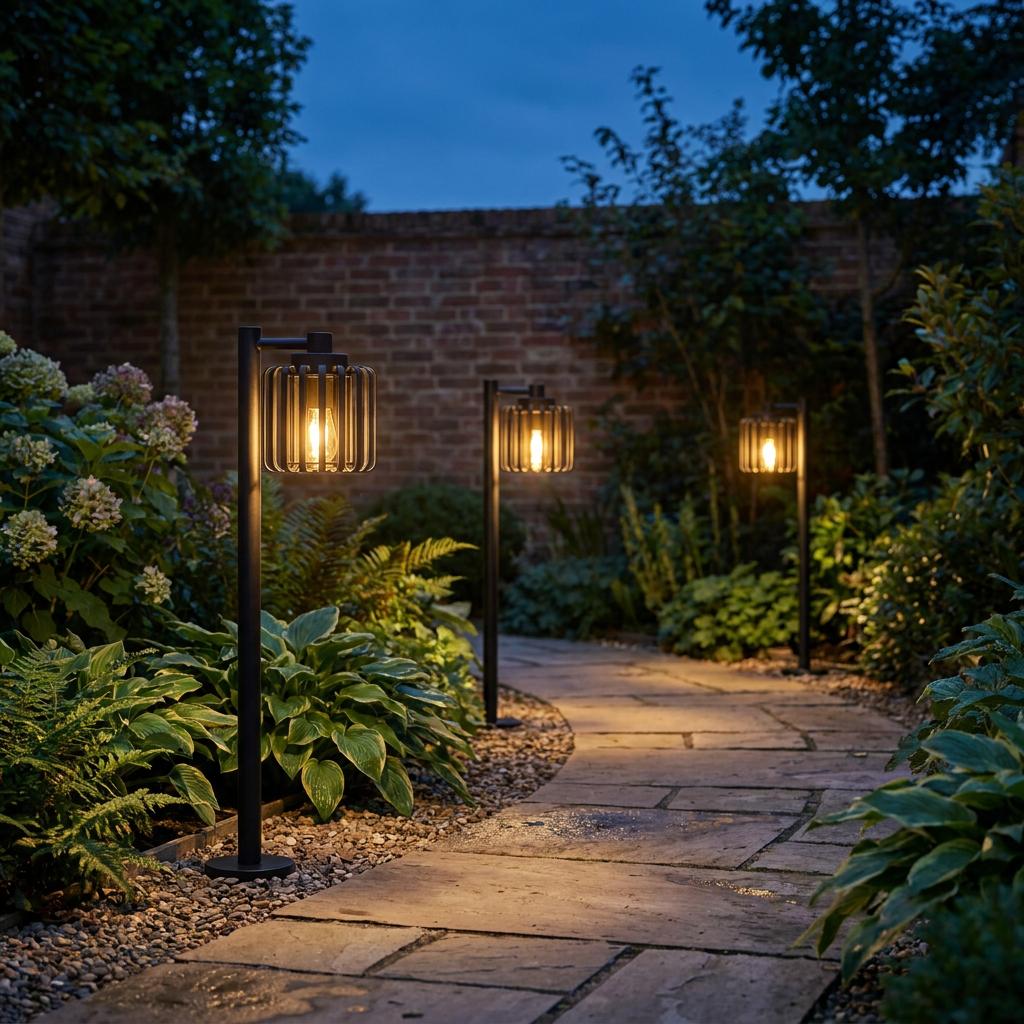 Black metal caged bollard lights casting a warm glow along a winding stone garden path at night.