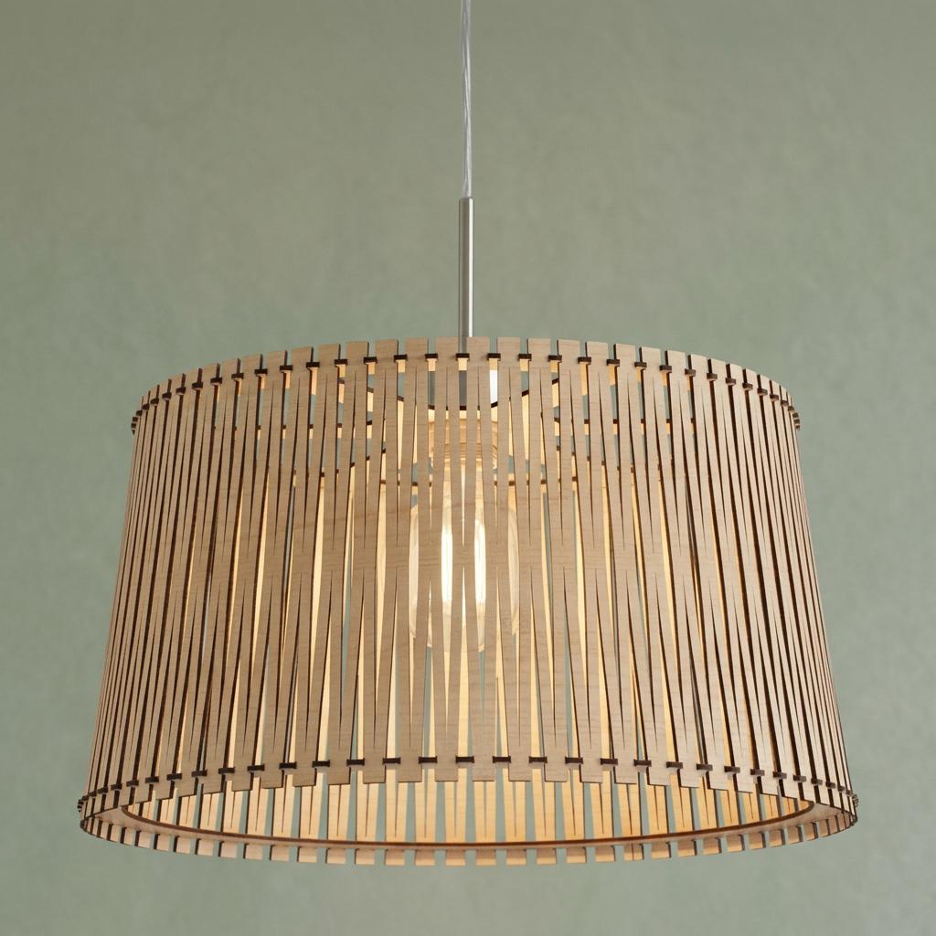 Eglo Sendero pendant light with a natural wooden slat lampshade, illuminated from within against a green wall.